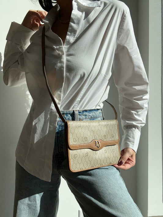 Vintage Dior Canvas Mini Shoulder Bag + Clutch In Beige