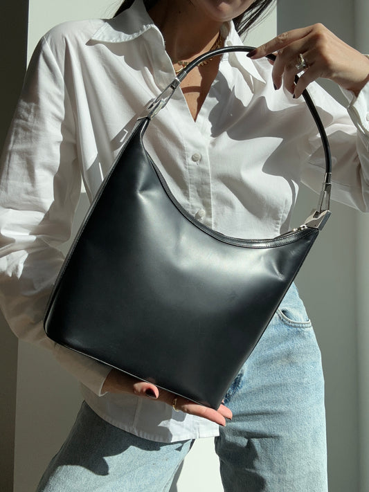 Vintage Gucci Leather Shoulder Bag In Black