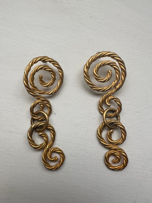 Vintage Brushed Gold Tone Swirl Earrings